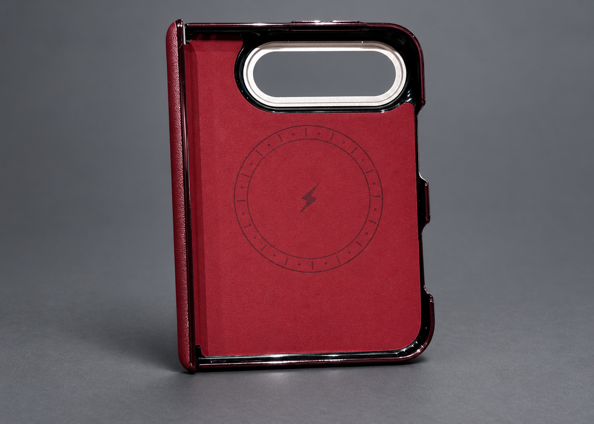 Atelier case interior — AI-assisted retouch of product photograph